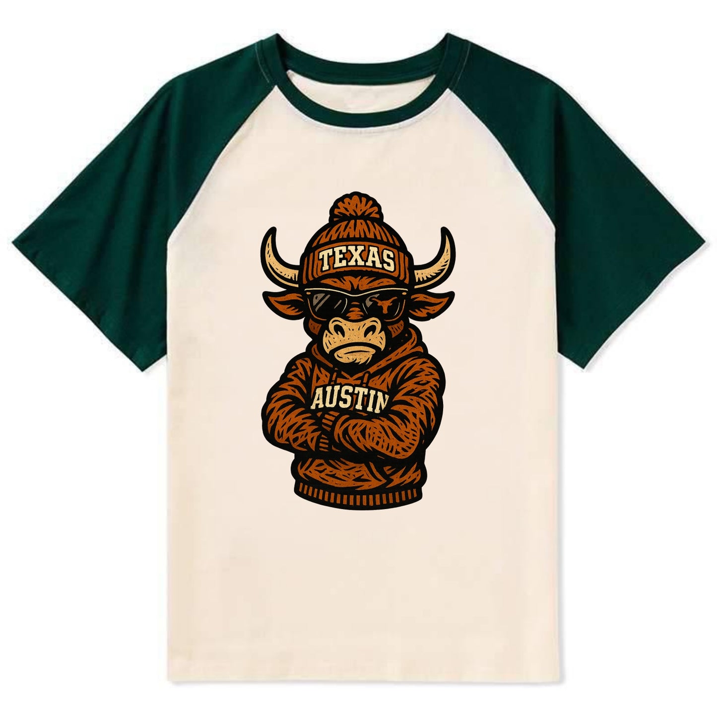 Austin Bevo wearing Texas beanie with longhorn patch - Contrast Raglan T-shirt - Green