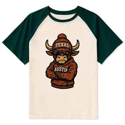 Austin Bevo wearing Texas beanie with longhorn patch - Contrast Raglan T-shirt - Green