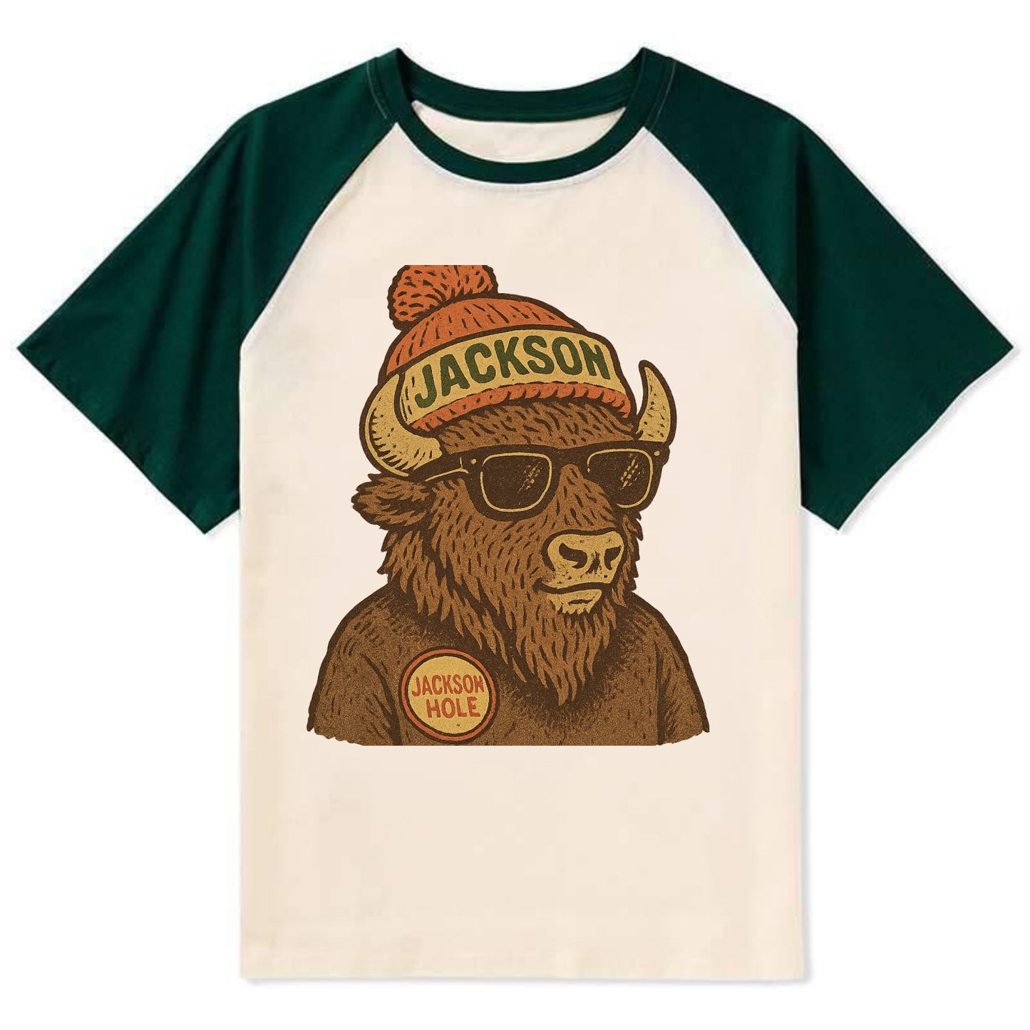 Jackson Hole Bison wearing Jackson beanie with pom pom and wayfarer - Contrast Raglan T-shirt - Green