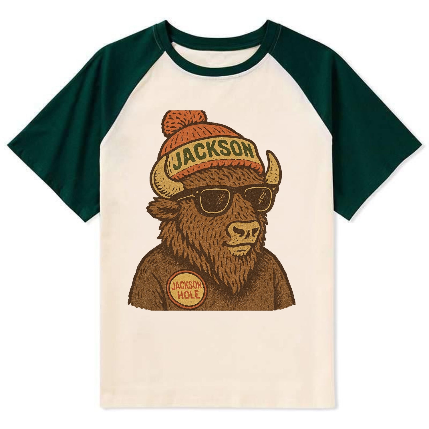 Jackson Hole Bison wearing Jackson beanie with pom pom and wayfarer - Contrast Raglan T-shirt - Green