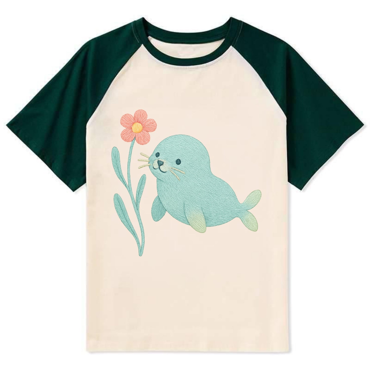 Mint Seal Pup - Contrast Raglan T-shirt - Green