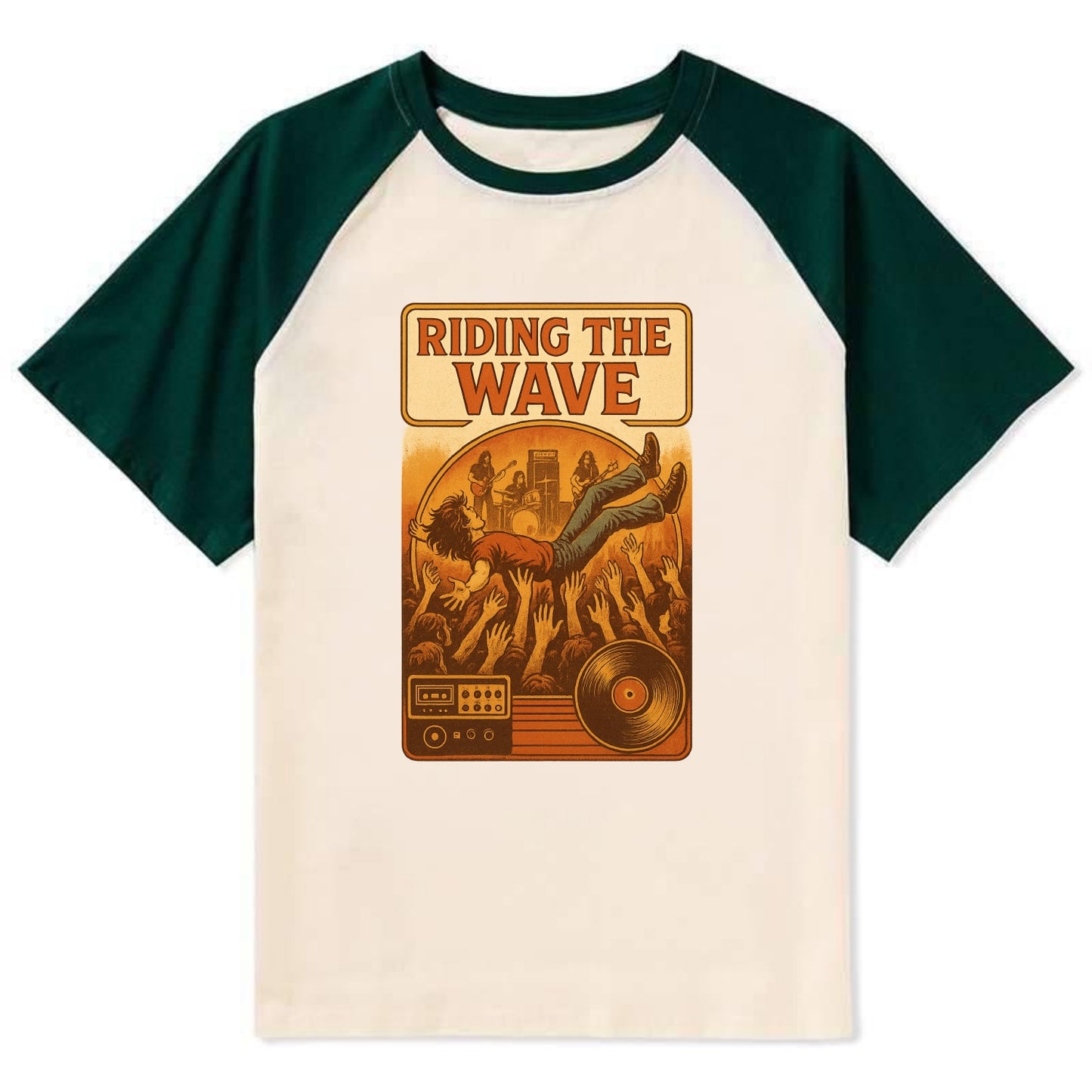 Crowd surfing at packed concert - "Riding the Wave" - concert energy - Contrast Raglan T-shirt - Green