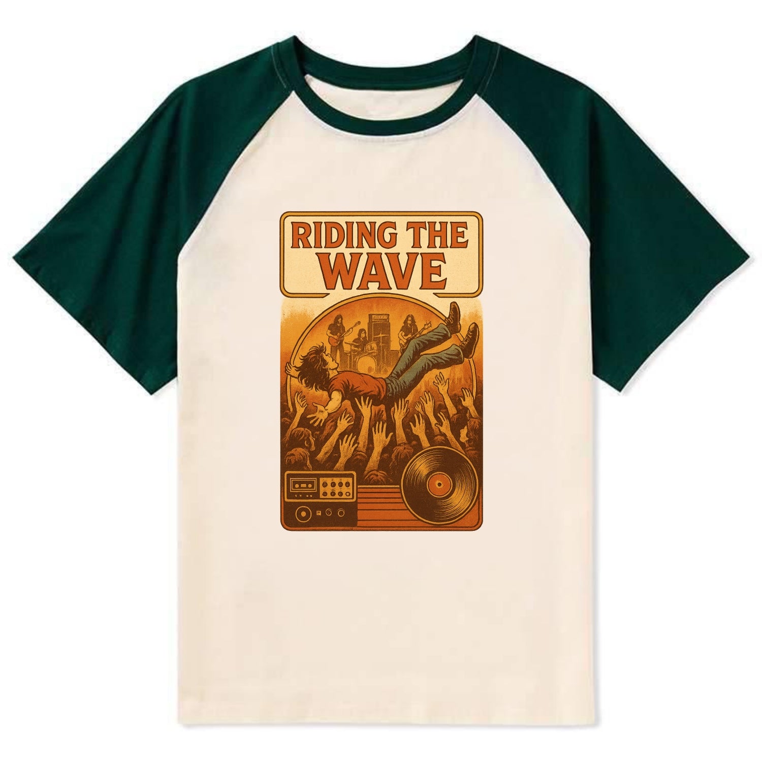 Crowd surfing at packed concert - "Riding the Wave" - concert energy - Contrast Raglan T-shirt - Green
