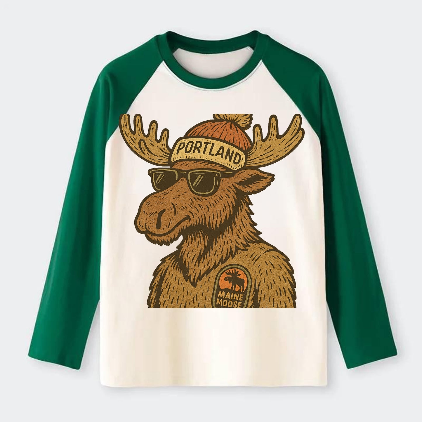 Maine Moose wearing Portland beanie with pom pom and wayfarer - Raglan Long Sleeve T-Shirt - Green