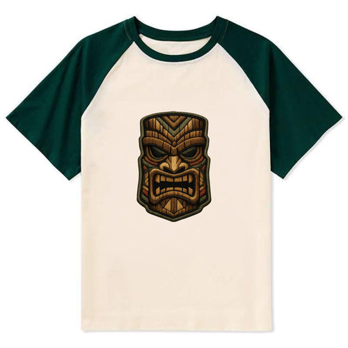 TIKI MASK - carved totem in brown and red , Polynesian - Contrast Raglan T-shirt