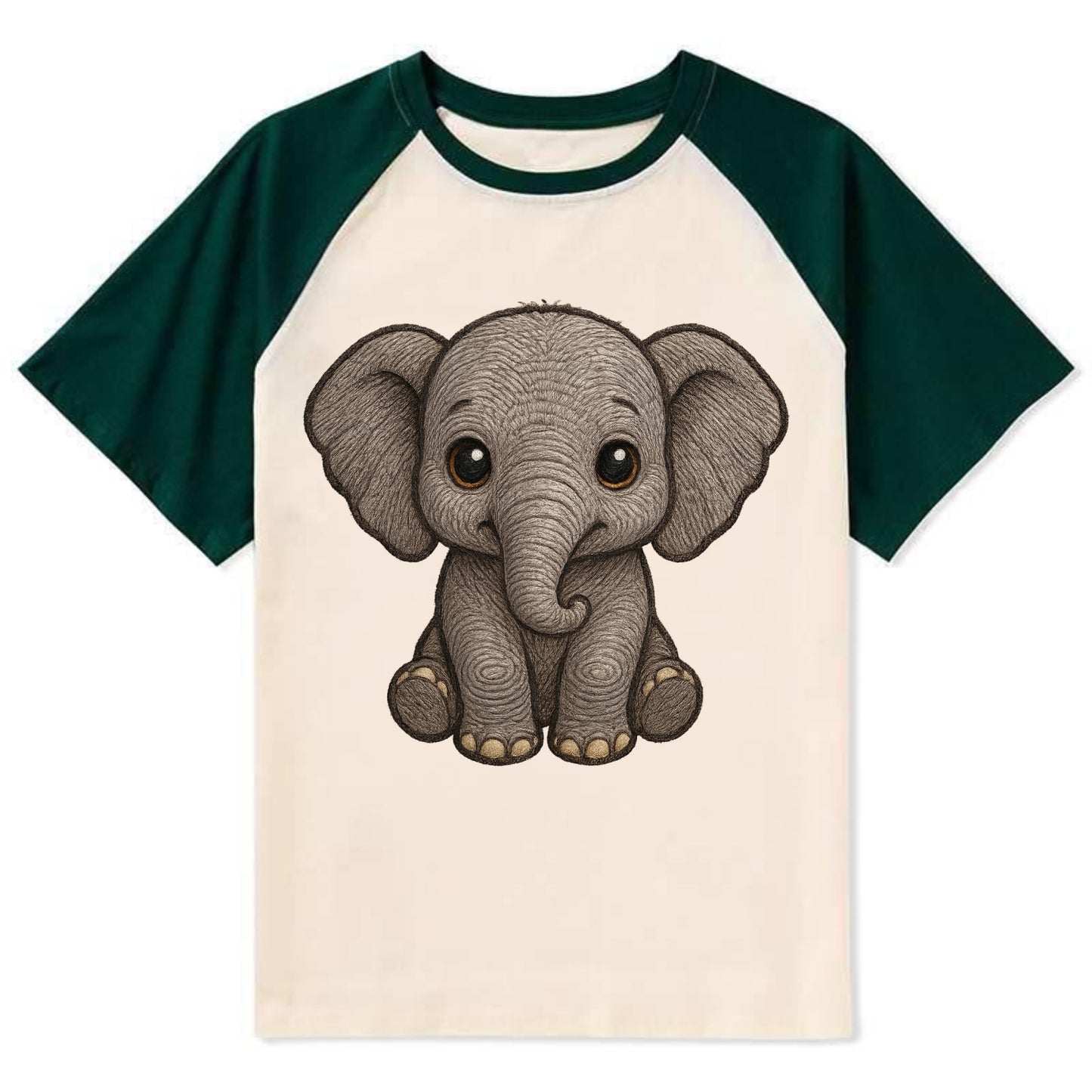 Baby Elephant - gray wrinkly, tiny trunk, large floppy ears, kind dark - Contrast Raglan T-shirt - Green