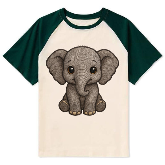 Baby Elephant - gray wrinkly, tiny trunk, large floppy ears, kind dark - Contrast Raglan T-shirt - Green