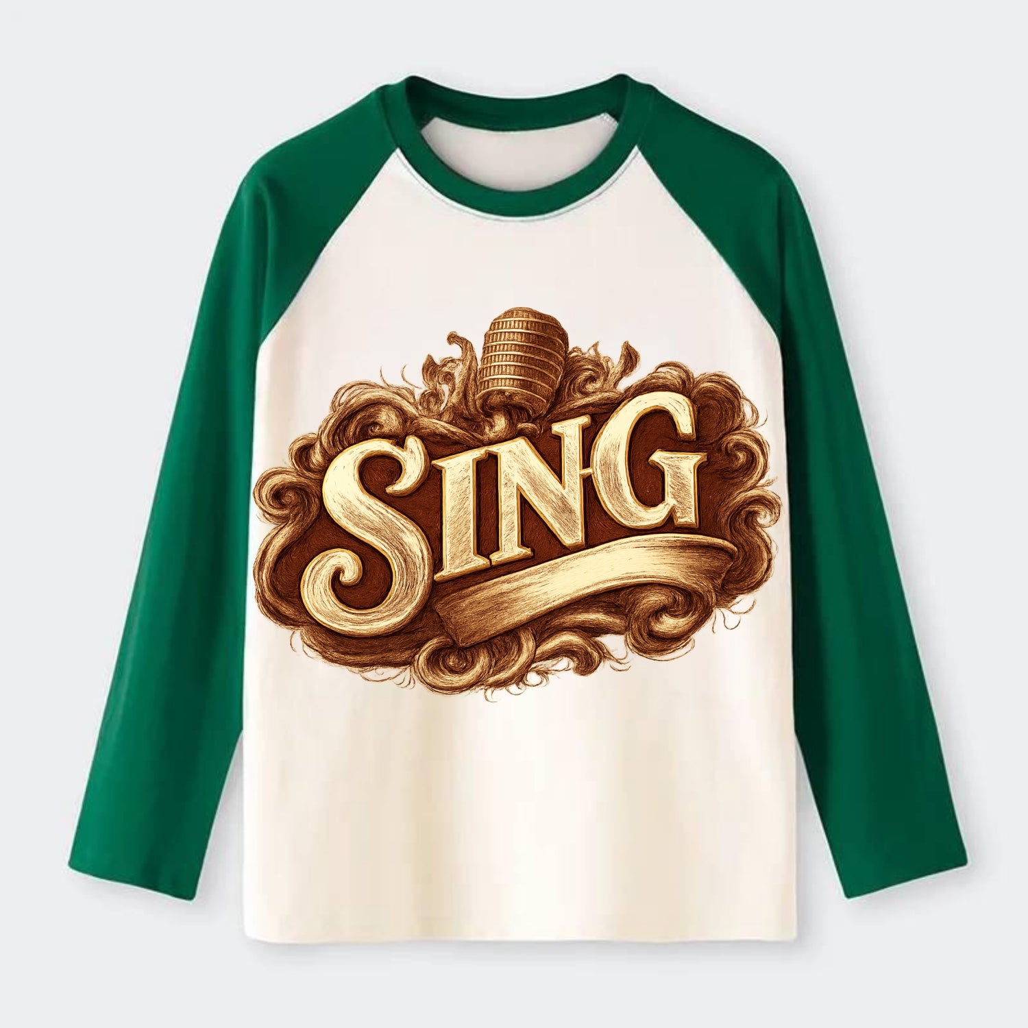 Bold typography design - "SING" - vocal expression, musical soul - Raglan Long Sleeve T-Shirt - Green
