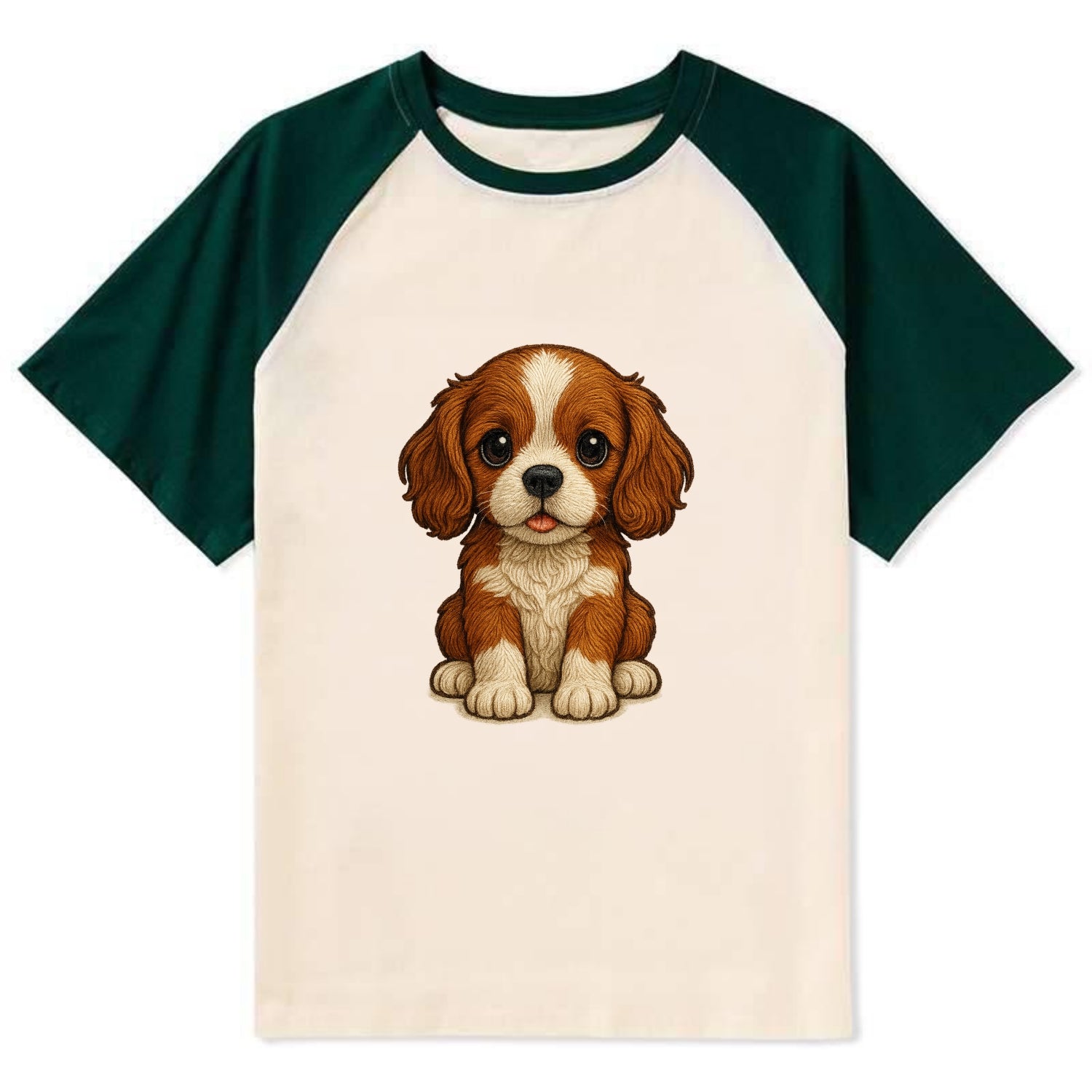 Baby Cavalier King Charles Spaniel Puppy - silky ears, gentle eyes, sweet - Contrast Raglan T-shirt - Green