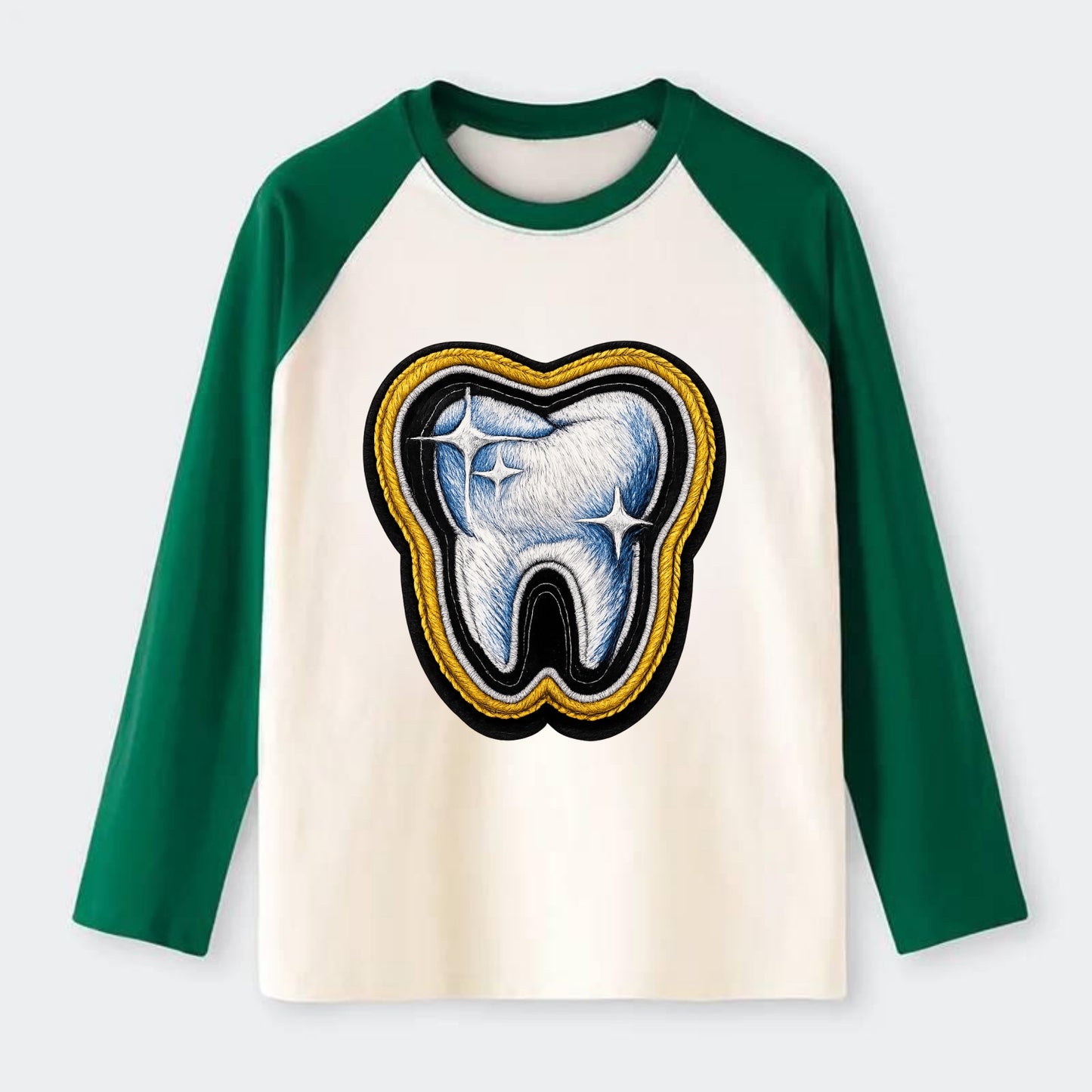 DENTAL TOOTH - molar with sparkle in white and blue , dentist - Raglan Long Sleeve T-Shirt - Green