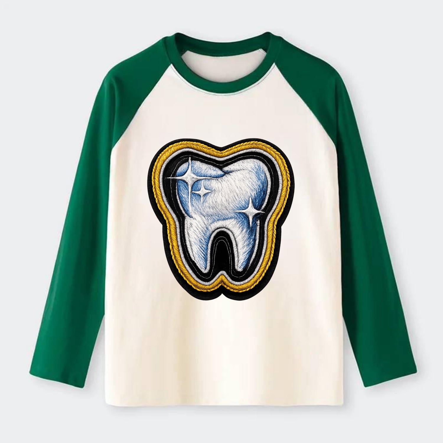 DENTAL TOOTH - molar with sparkle in white and blue , dentist - Raglan Long Sleeve T-Shirt - Green