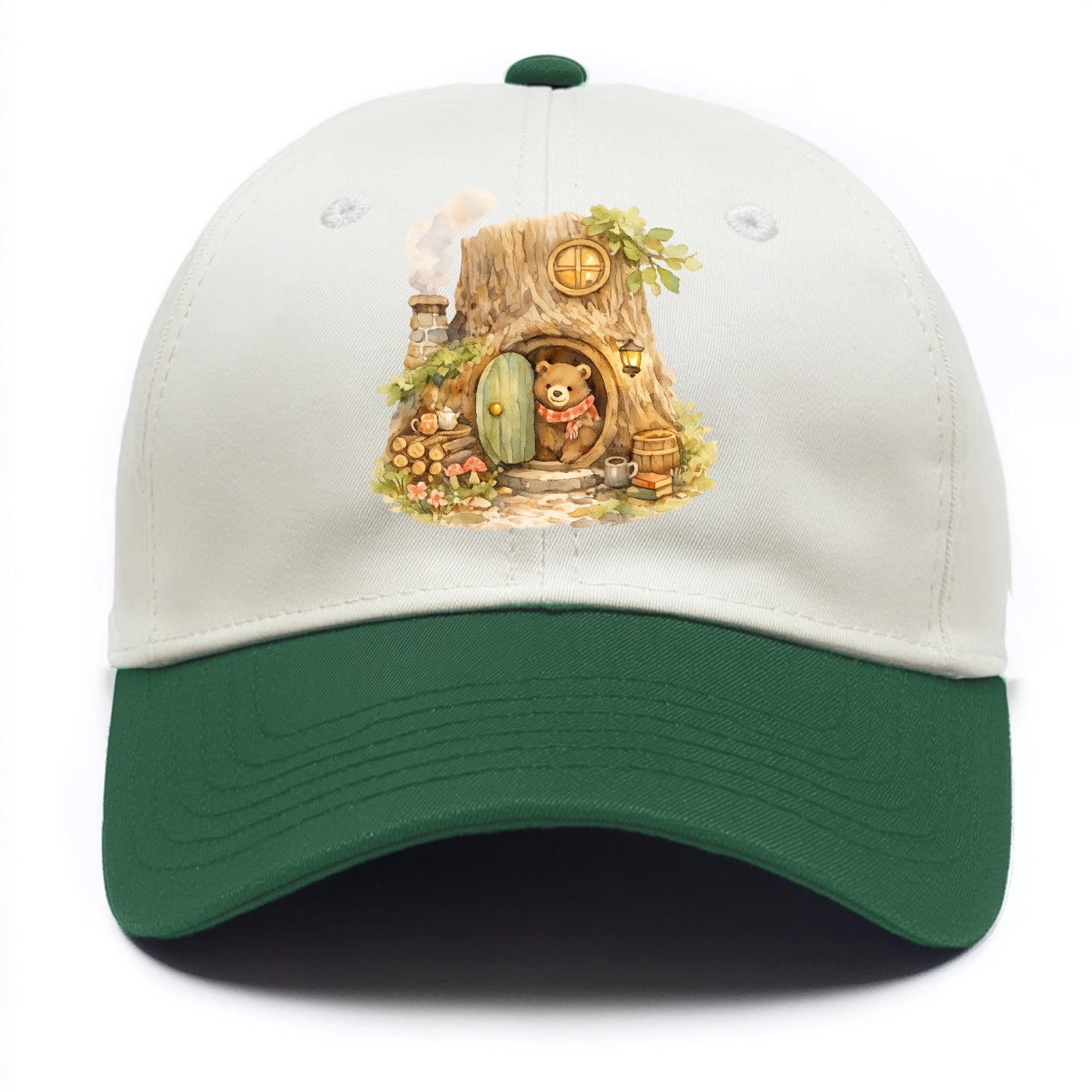 TREE HOME | Bear's home in hollow tree | Round door | Chimney smoke | Woodland - Two Tone Cap - Green