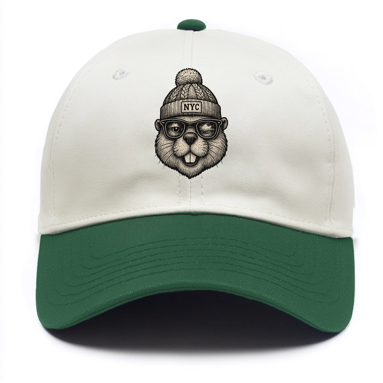 New York Beaver wearing NYC beanie with pom pom and wayfarer sunglasses - Two Tone Cap - Green