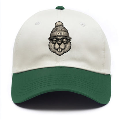 New York Beaver wearing NYC beanie with pom pom and wayfarer sunglasses - Two Tone Cap - Green