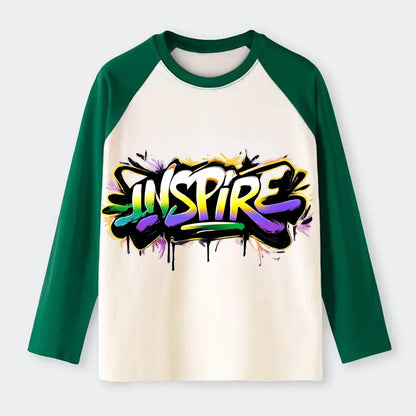 Bold typography design - "INSPIRE" - motivating others, being the spark - Raglan Long Sleeve T-Shirt - Green