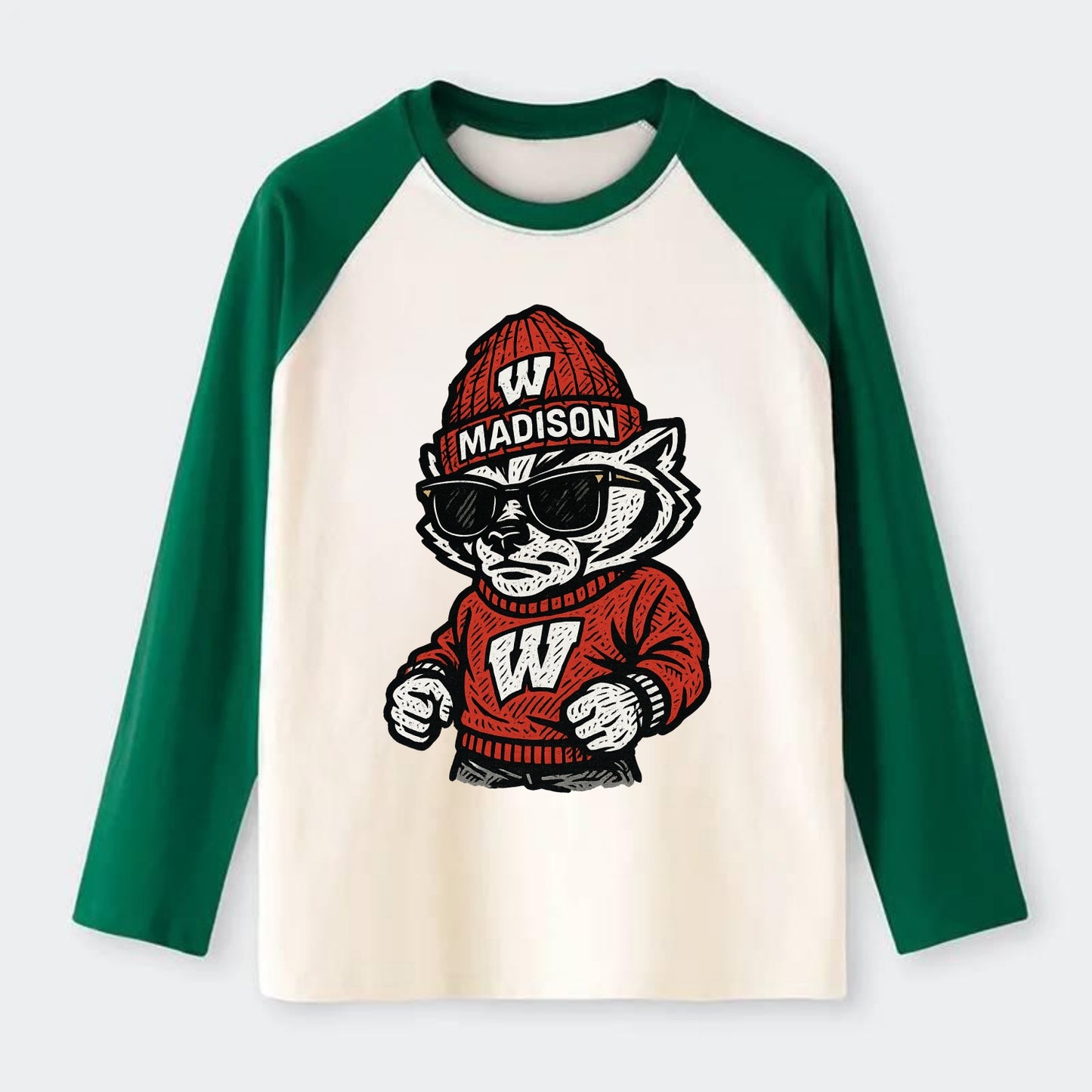Madison Badger wearing Wisconsin beanie with motion W patch - Raglan Long Sleeve T-Shirt - Green