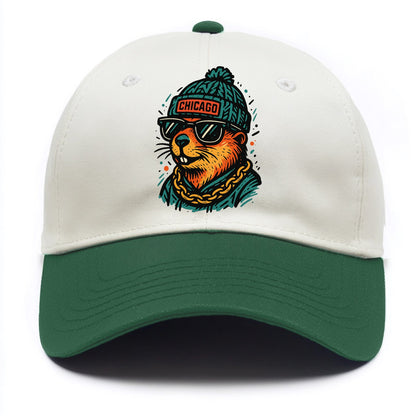 Illinois Prairie Dog wearing Chicago beanie with pom pom and wayfarer sunglasses - Two Tone Cap - Green