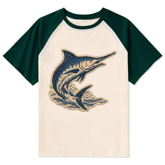 SWORDFISH MARLIN - leaping marlin in blue and silver , sport fishing - Contrast Raglan T-shirt - Green