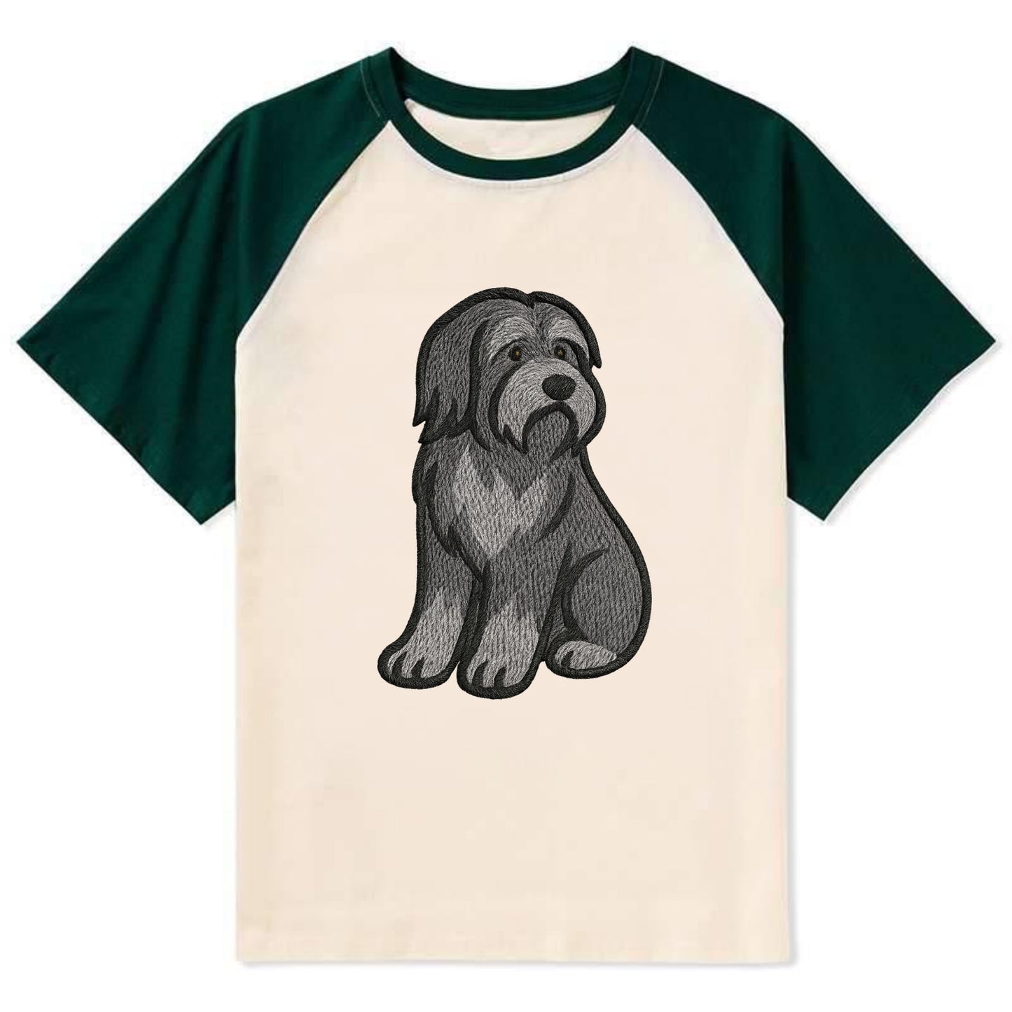 Bearded Collie - Gray shaggy coat embroidered pose - Contrast Raglan T-shirt - Green