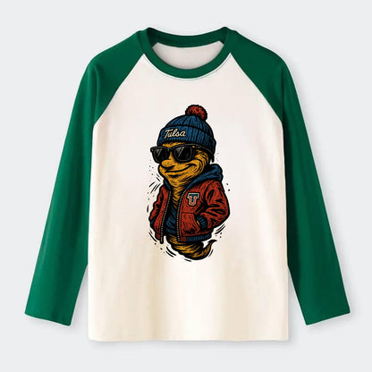 Tulsa Hurricane wearing Tulsa beanie with TU patch - Raglan Long Sleeve T-Shirt - Green