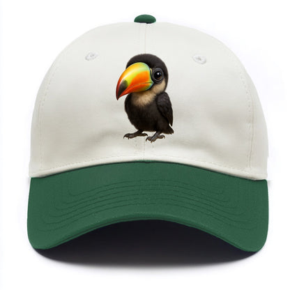 Baby Toucan - oversized colorful beak, black feathers, bright eyes, front-facing, - Two Tone Cap - Green