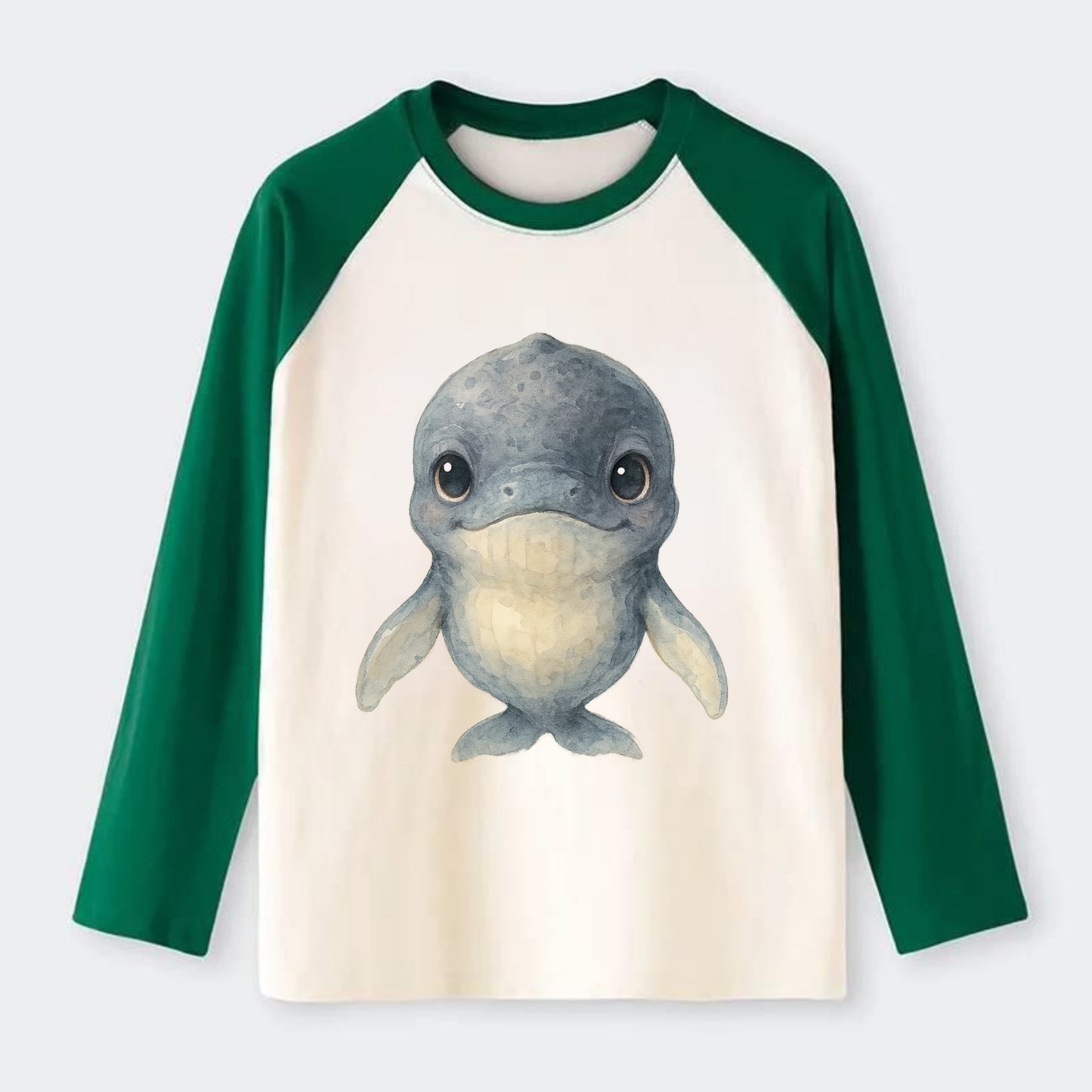 Baby Humpback Whale - dark gray with white flippers, large gentle - Raglan Long Sleeve T-Shirt - Green