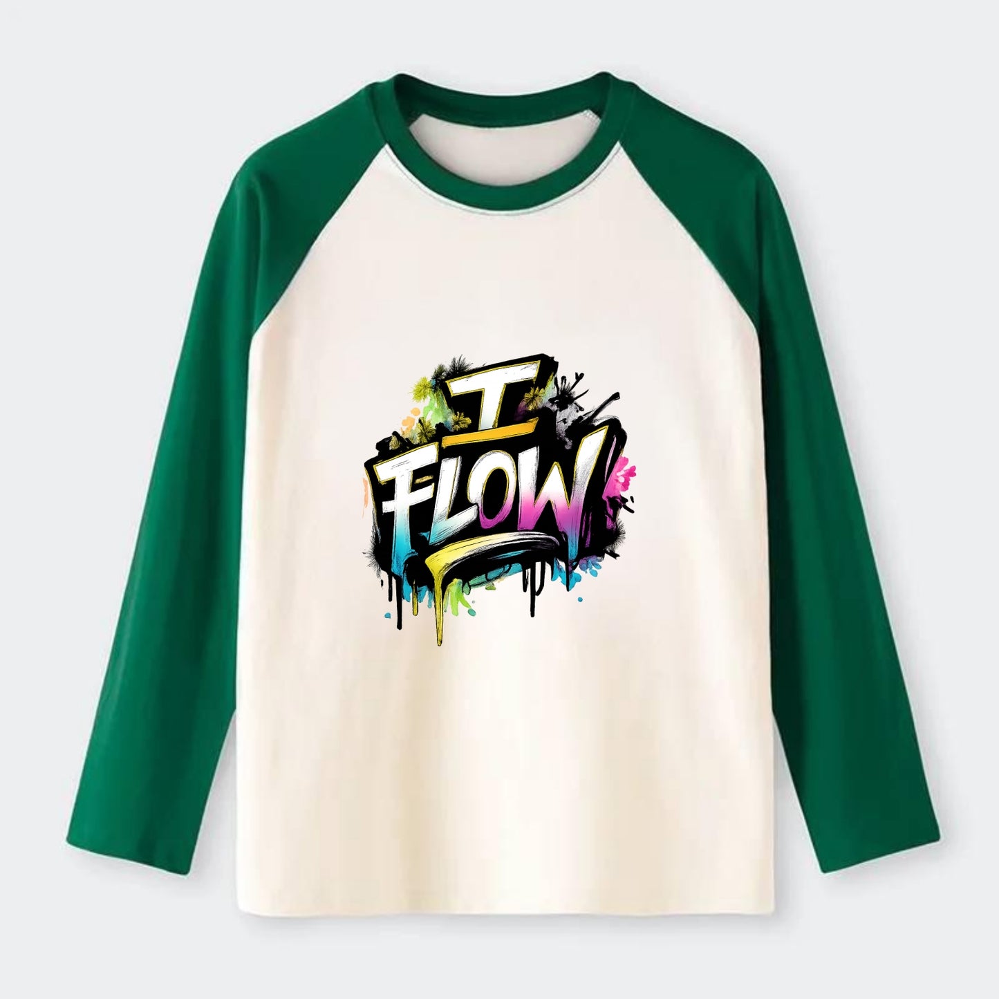 Bold typography design - "I FLOW" - going with life, easy movement - Raglan Long Sleeve T-Shirt - Green