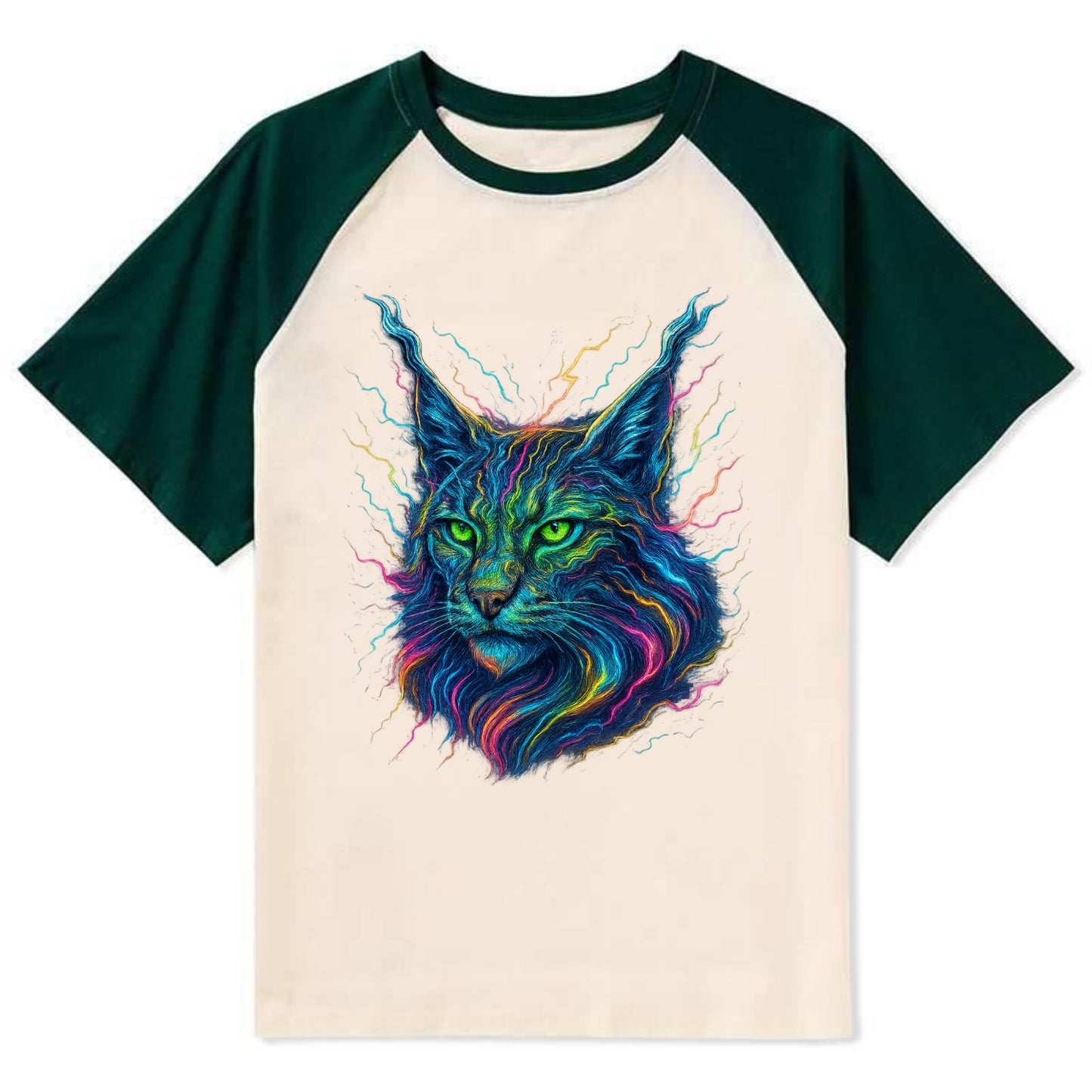 Wild lynx with ear tufts transforming into liquid mercury flows, silver - Contrast Raglan T-shirt - Green