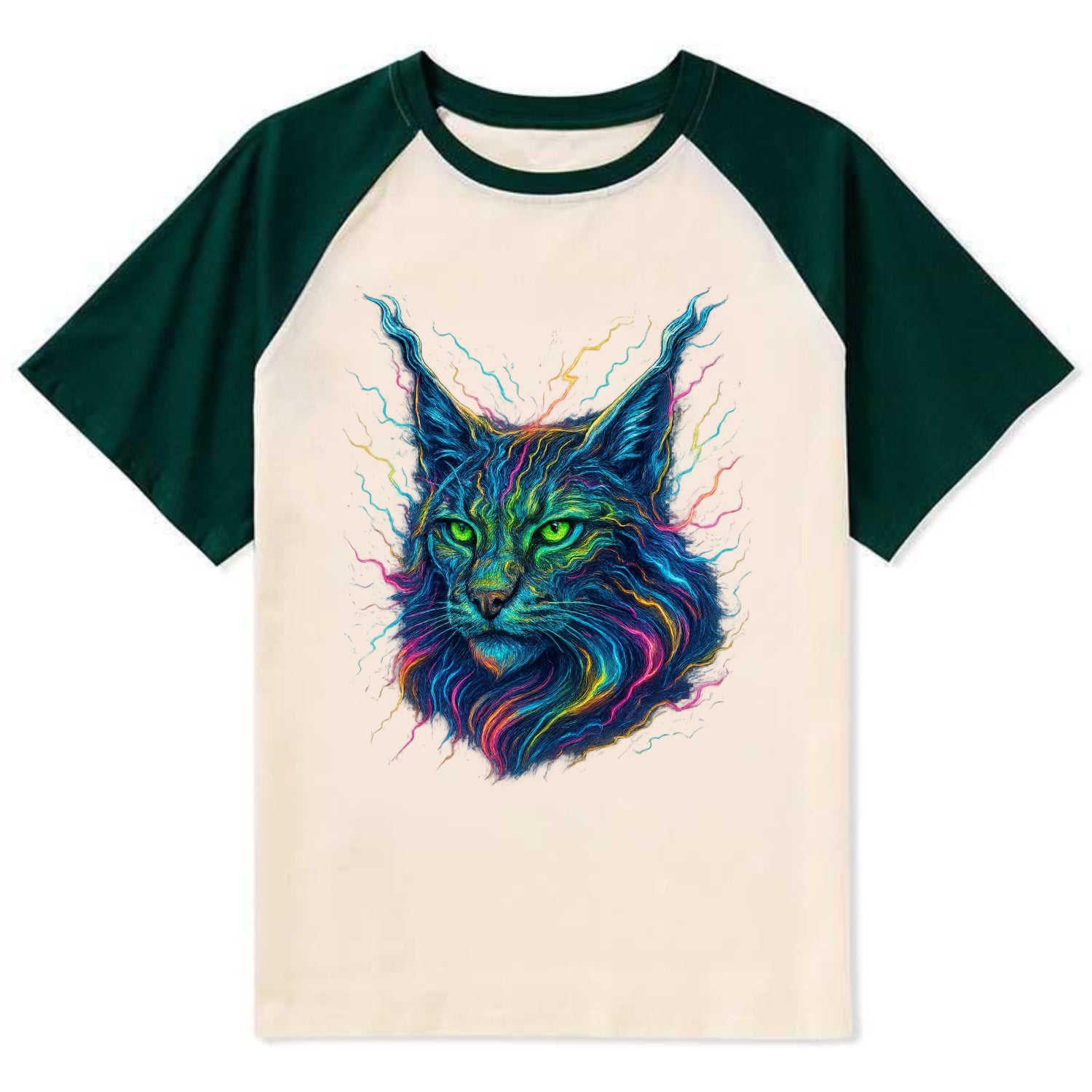 Wild lynx with ear tufts transforming into liquid mercury flows, silver - Contrast Raglan T-shirt - Green