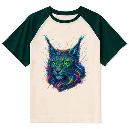 Wild lynx with ear tufts transforming into liquid mercury flows, silver - Contrast Raglan T-shirt - Green