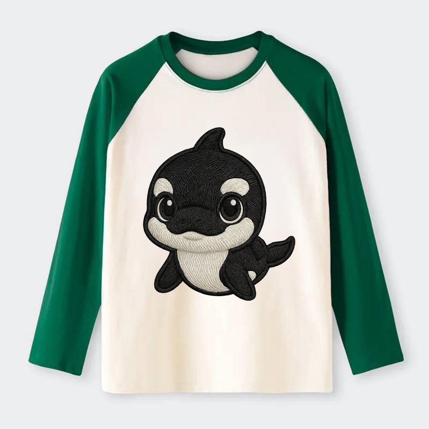 Baby Orca - black and white pattern, white eye patch, front-facing, - Raglan Long Sleeve T-Shirt - Green