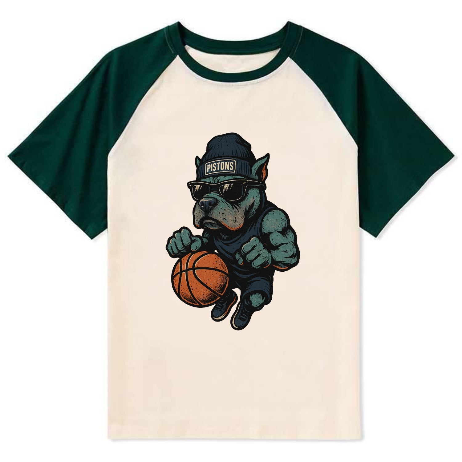 Detroit Pitbull wearing Pistons beanie with chrome patch and wayfarer - Contrast Raglan T-shirt - Green