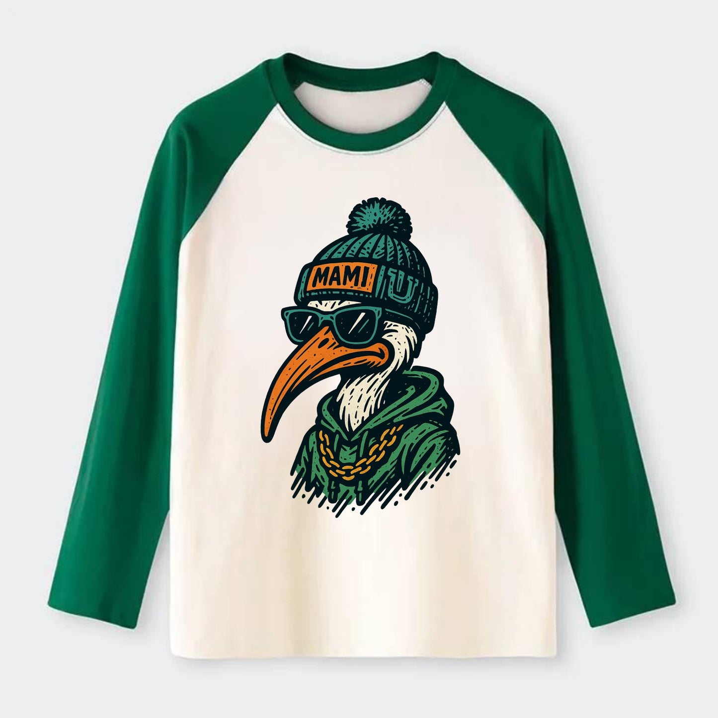 Coral Gables Ibis wearing Miami beanie with U patch - Raglan Long Sleeve T-Shirt - Green
