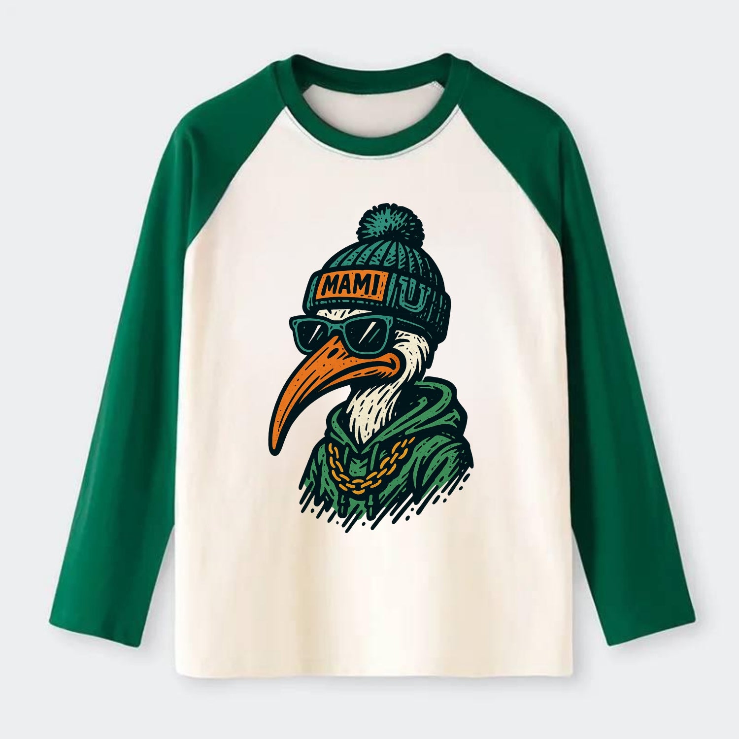 Coral Gables Ibis wearing Miami beanie with U patch - Raglan Long Sleeve T-Shirt - Green