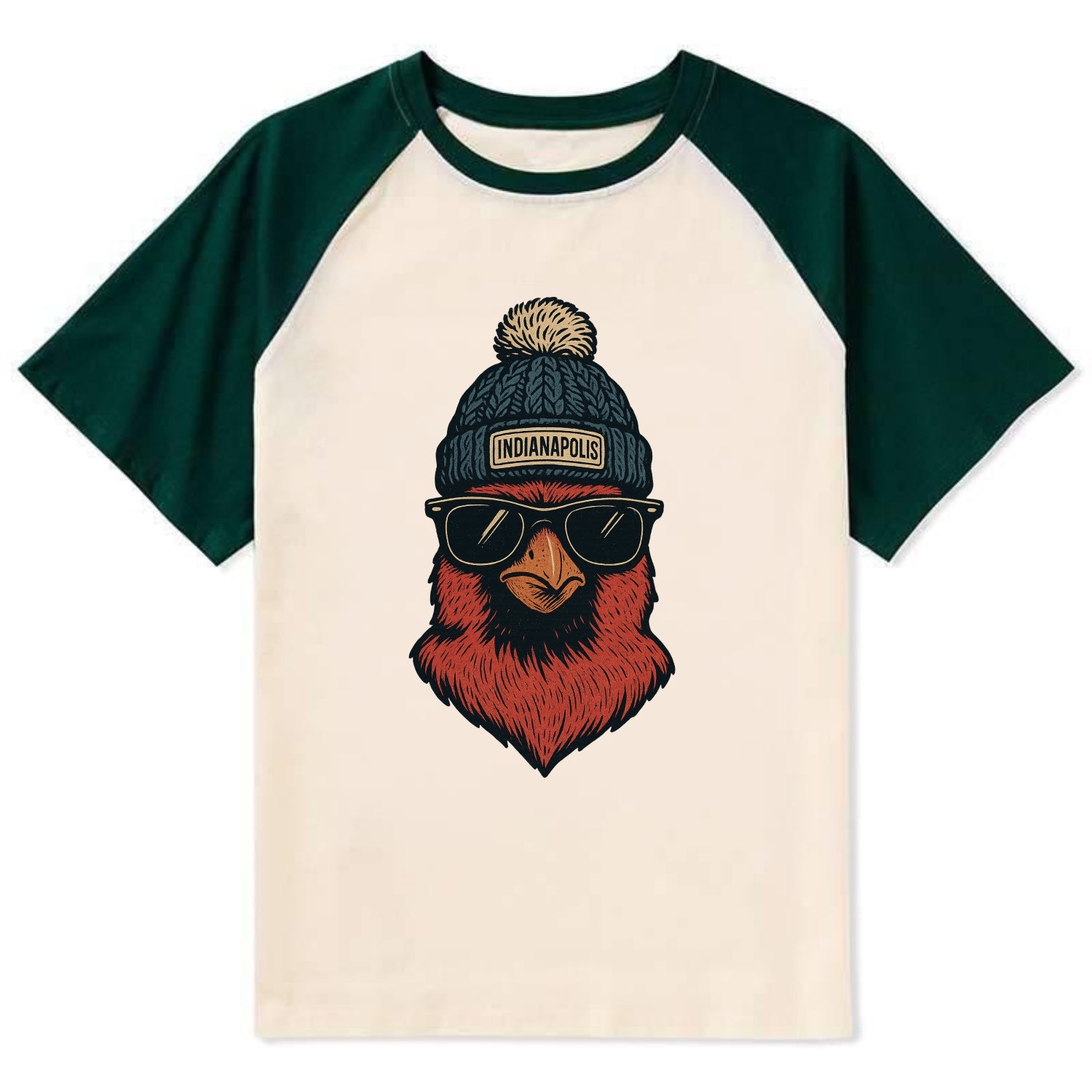 Indiana Cardinal wearing Indianapolis beanie with pom pom and wayfarer - Contrast Raglan T-shirt - Green