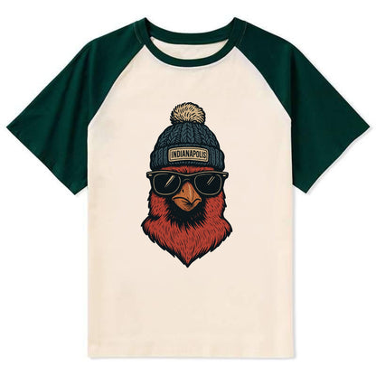 Indiana Cardinal wearing Indianapolis beanie with pom pom and wayfarer - Contrast Raglan T-shirt - Green