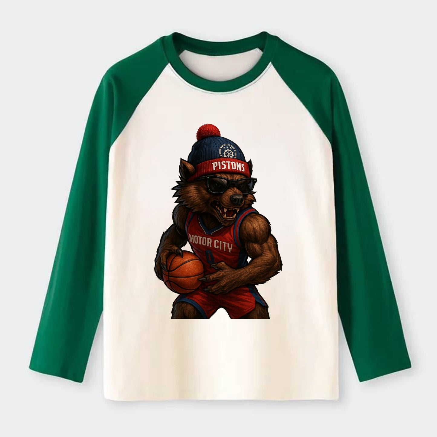 Motor City Wolverine wearing Pistons beanie with gear patch and - Raglan Long Sleeve T-Shirt - Green