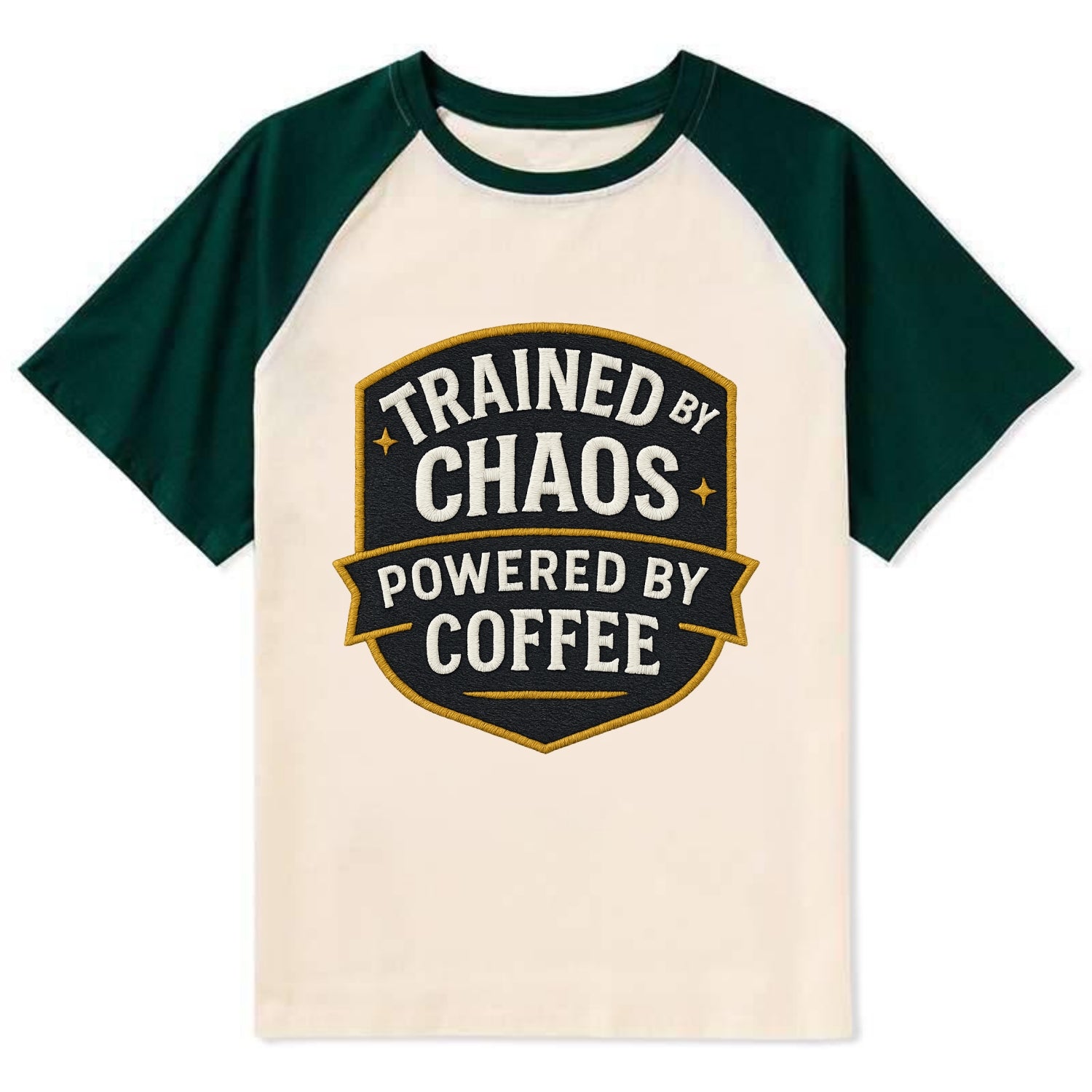 Trained by chaos, powered by coffee - Contrast Raglan T-shirt - Green