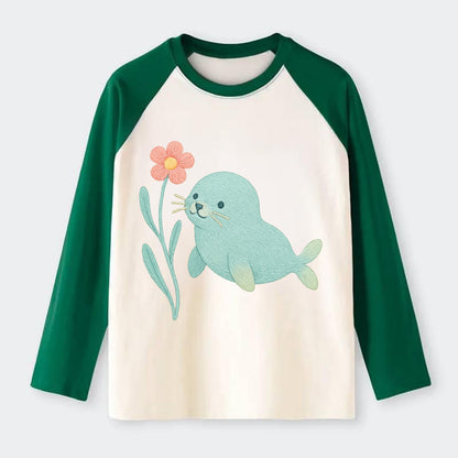 Mint Seal Pup - Raglan Long Sleeve T-Shirt - Green