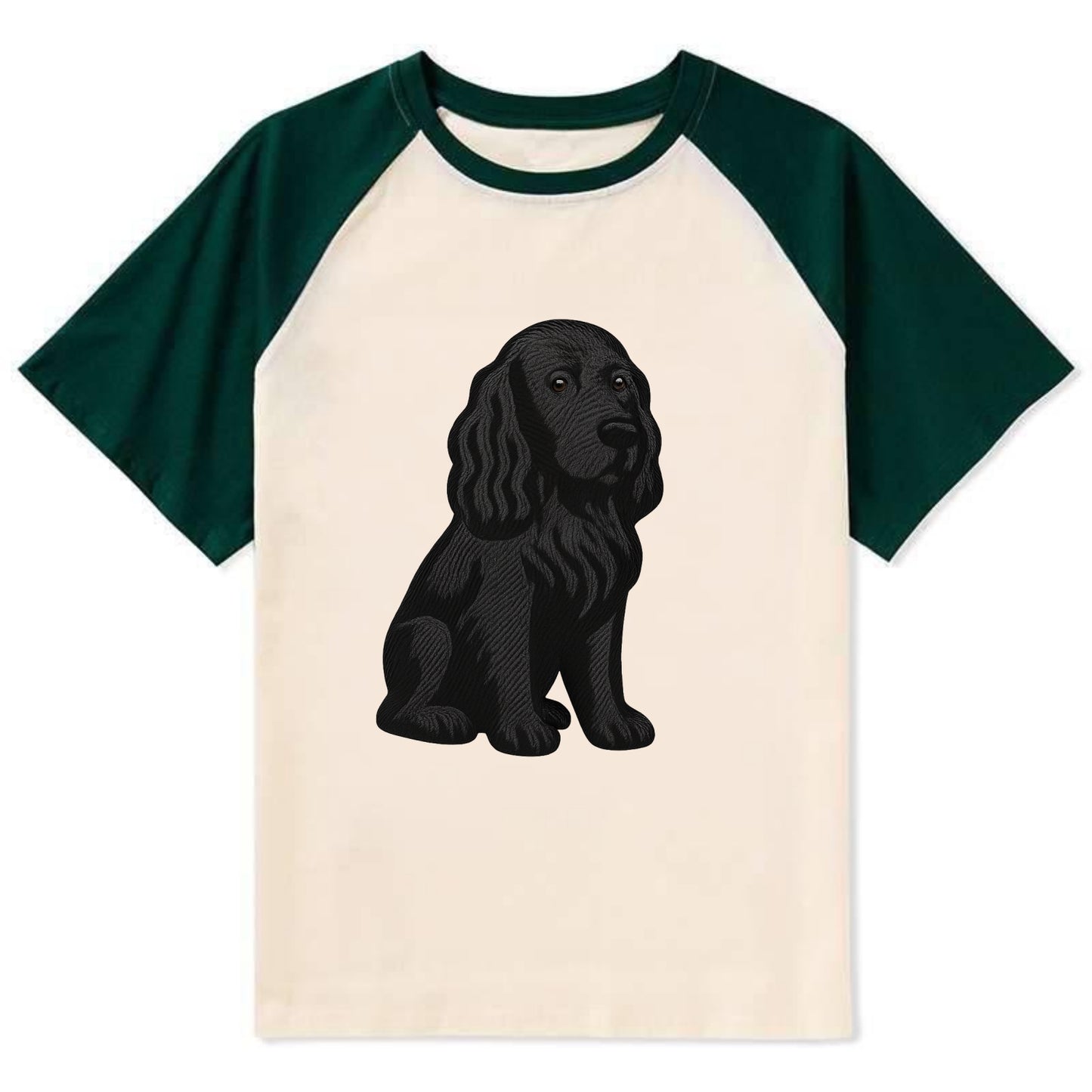 Field Spaniel - Black silky coat embroidered pose - Contrast Raglan T-shirt - Green