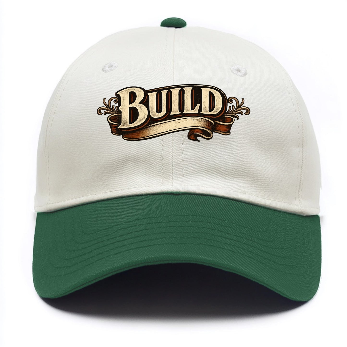 Bold typography design - "BUILD" - constructing, making real - Two Tone Cap - Green