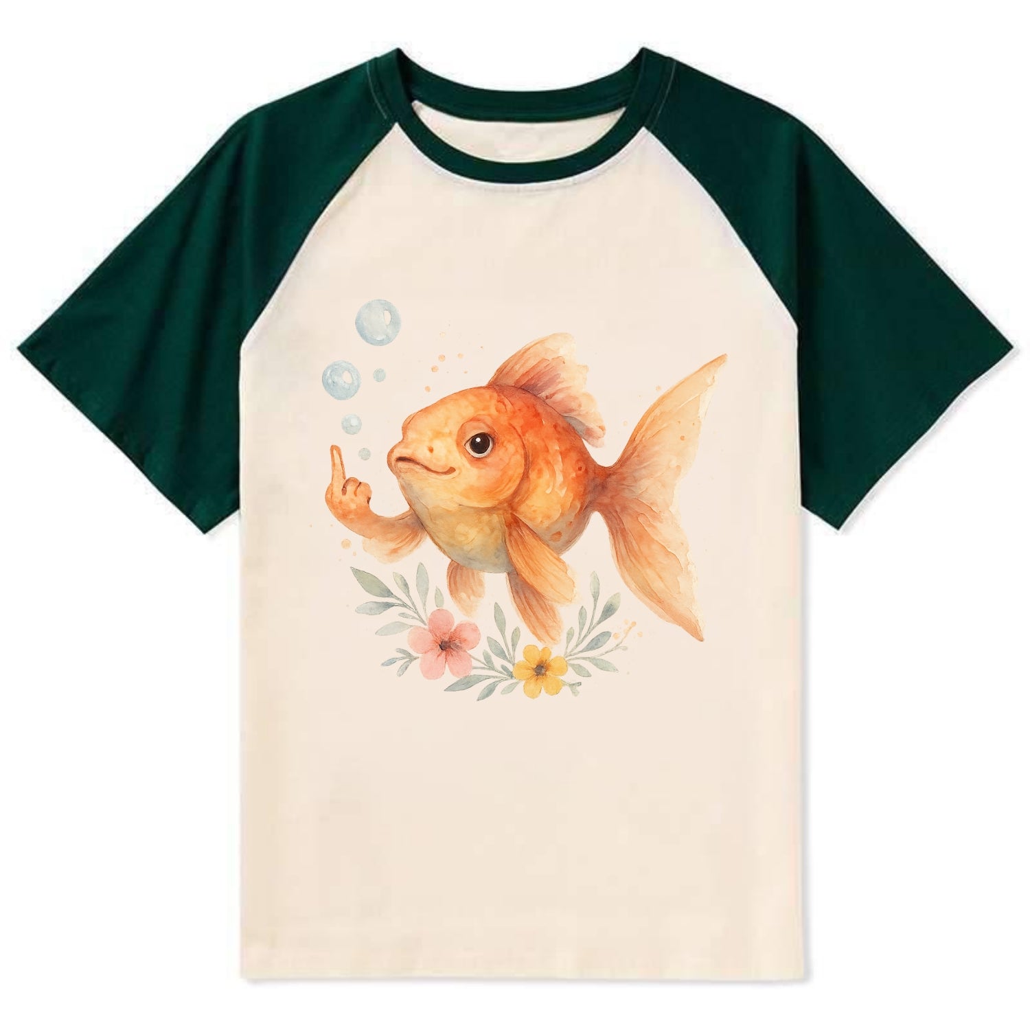 chubby goldfish blowing bubbles, one fin extended like middle finger - Contrast Raglan T-shirt - Green