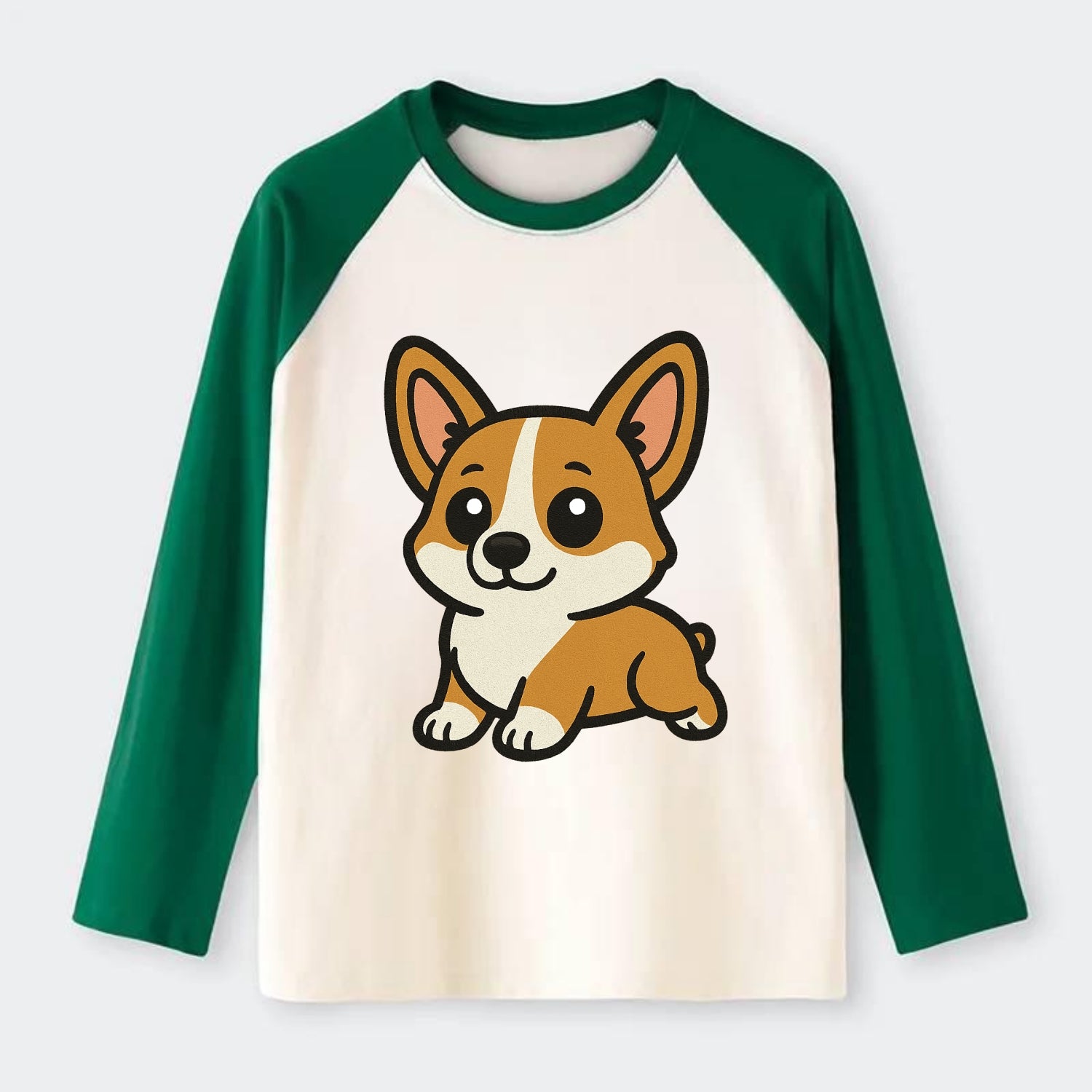 Corgi - Sploot lying position - Raglan Long Sleeve T-Shirt - Green