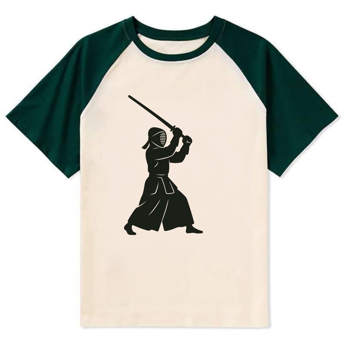 Kendo swordsman in striking stance - Contrast Raglan T-shirt - Green