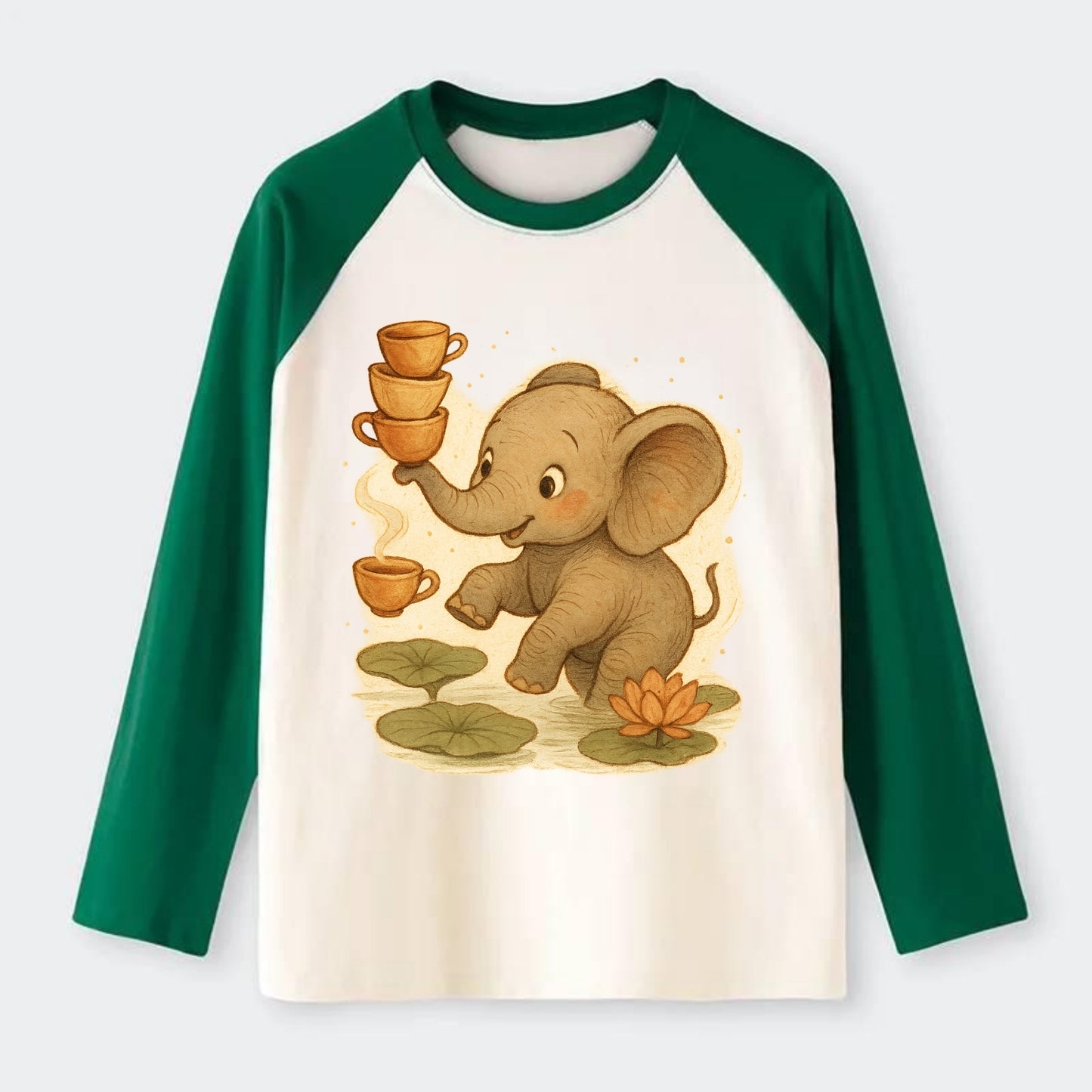 Elephant balancing teacups during a floating tea ceremony beside lotus - Raglan Long Sleeve T-Shirt - Green