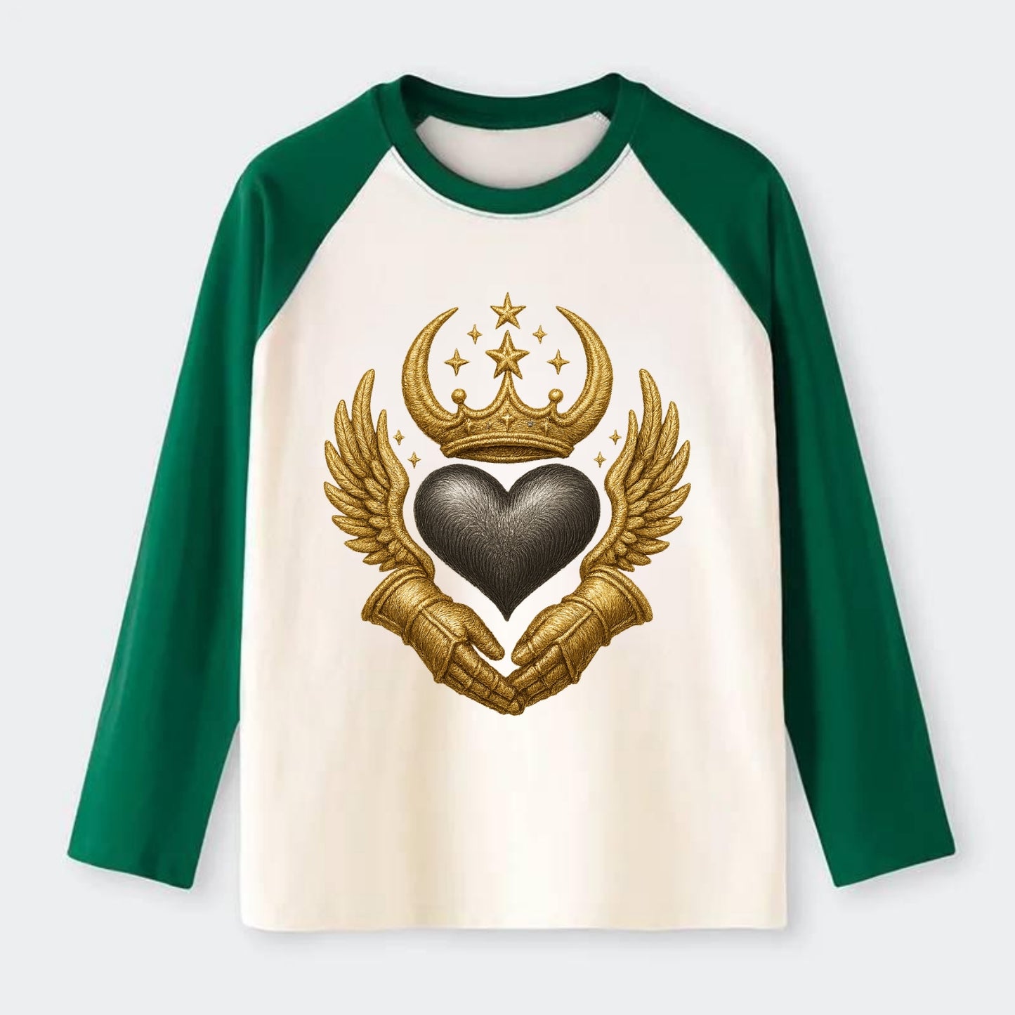 Nordic knotwork crown supporting a frosted steel heart with mittened - Raglan Long Sleeve T-Shirt - Green