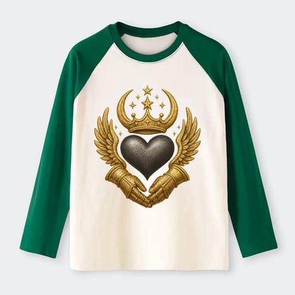 Nordic knotwork crown supporting a frosted steel heart with mittened - Raglan Long Sleeve T-Shirt - Green