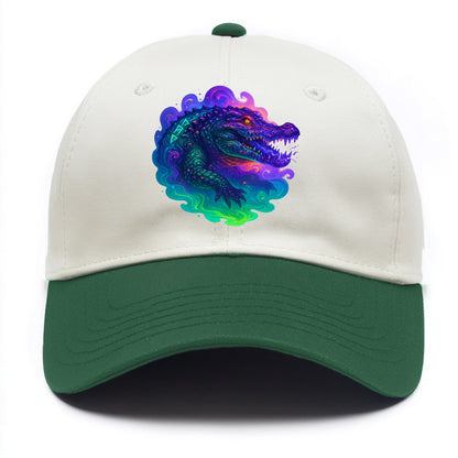 Primordial crocodile with scales pulsing plasma energy in green and purple, ancient - Two Tone Cap - Green