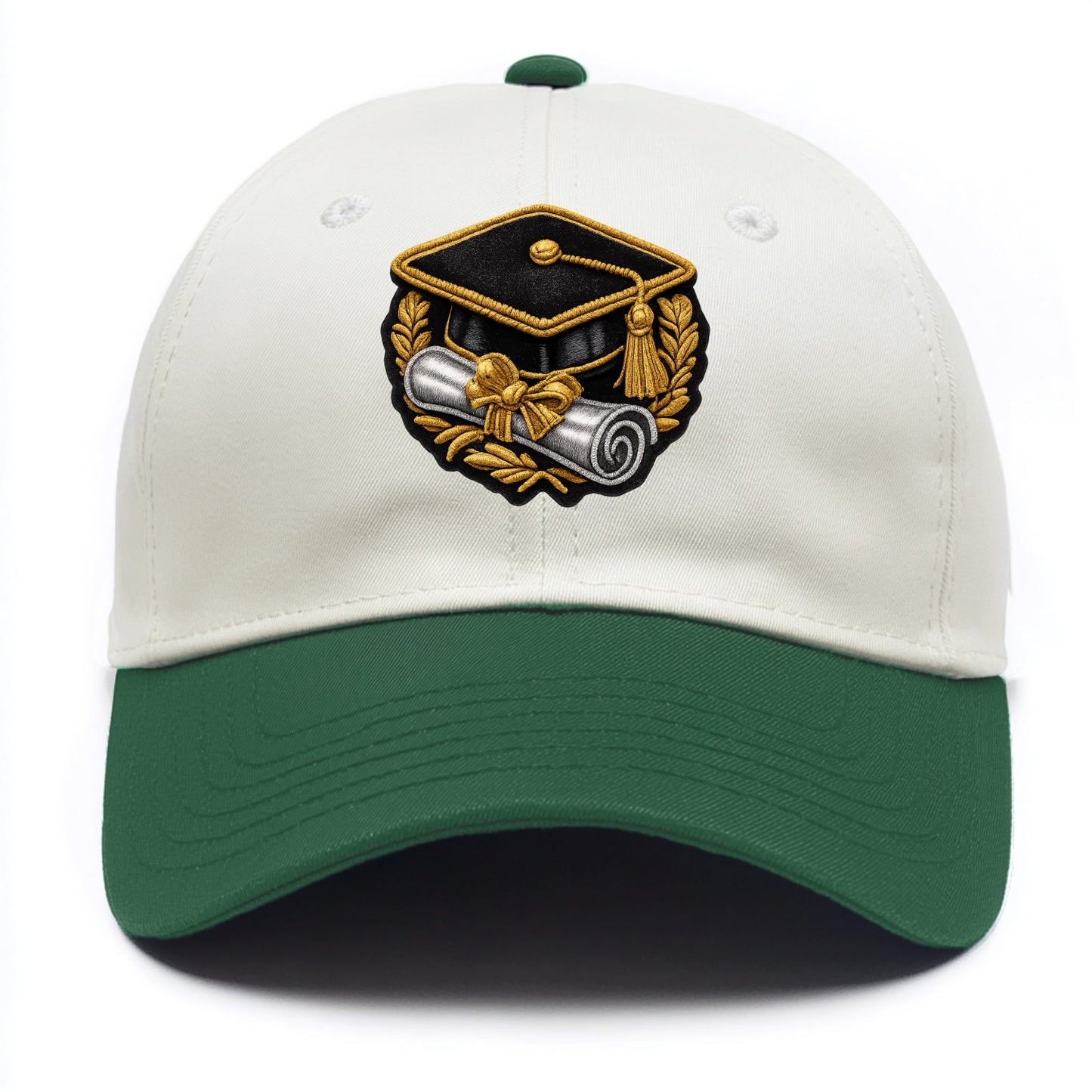 GRADUATION CAP - mortarboard with diploma in black and gold , achievement - Two Tone Cap - Green