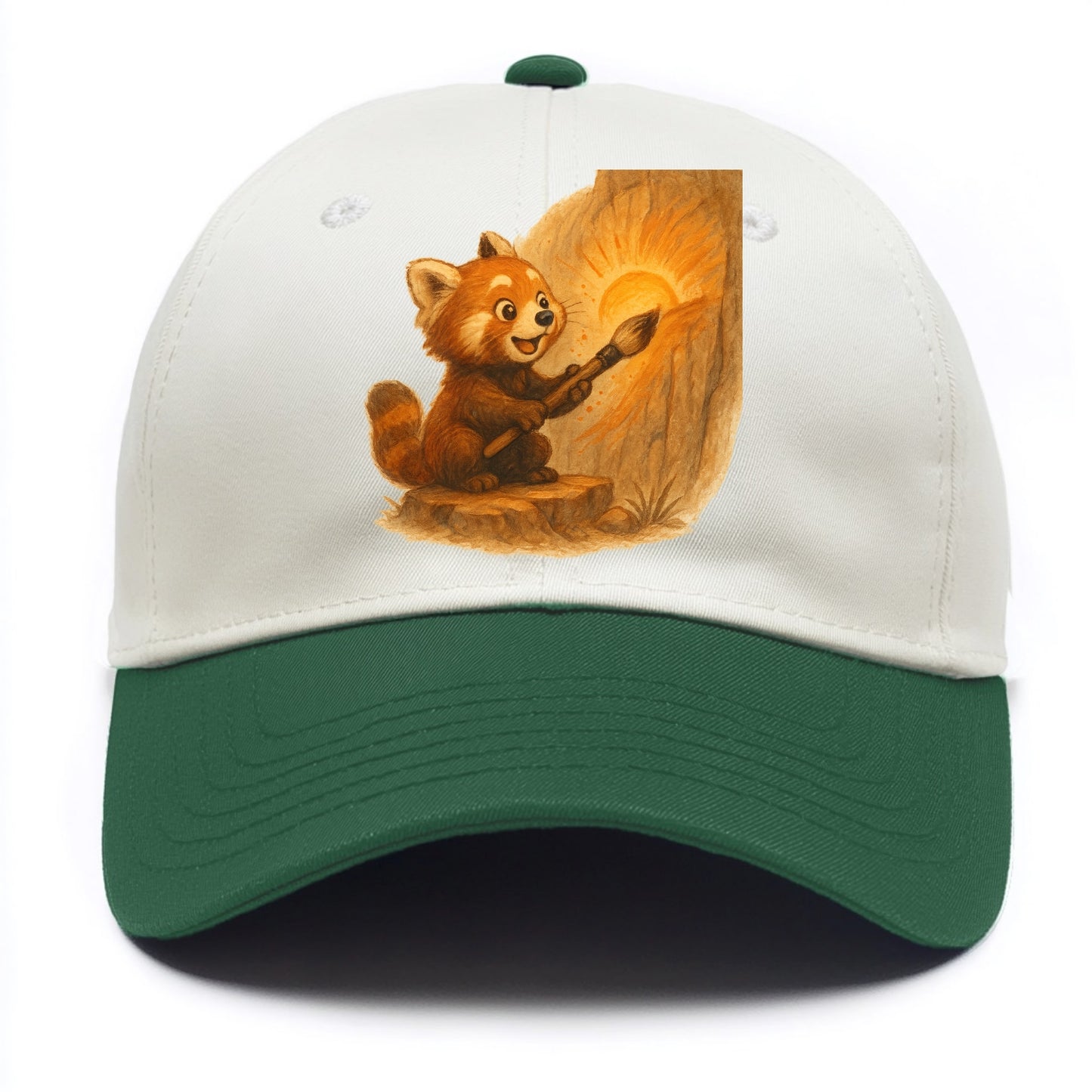Red panda painting a sunrise mural with an oversized calligraphy brush on a cliff - Two Tone Cap - Green